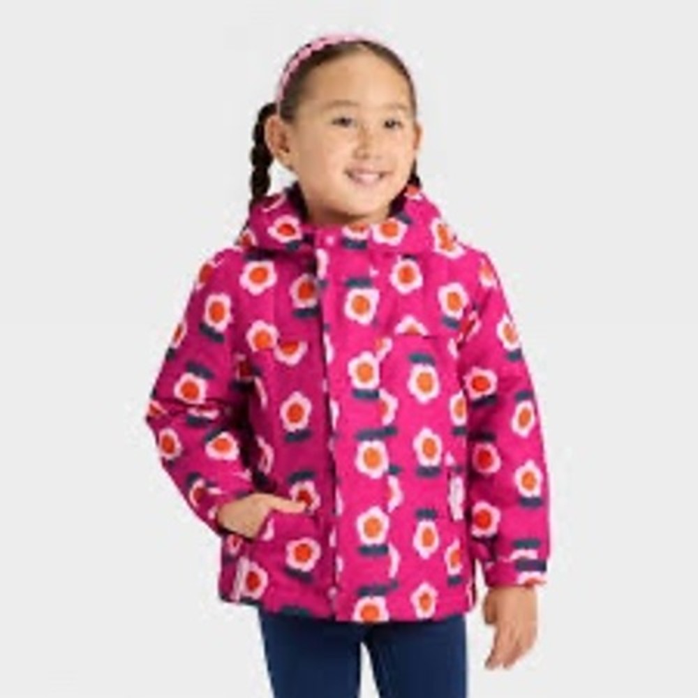 Cat & Jack Toddler Girls Pink Floral Puffer Jacket Hooded Winter Coat 4T